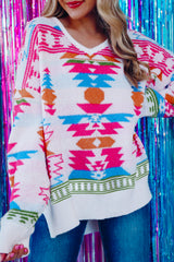 White Oversize Aztec Print High Low V Neck Sweater Sweaters JT's Designer Fashion