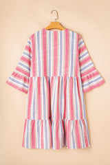 White Stripe Plus Size Embroidered Detail Flared 3/4 Sleeve V Neck Dress Plus Size Mini Dresses JT's Designer Fashion