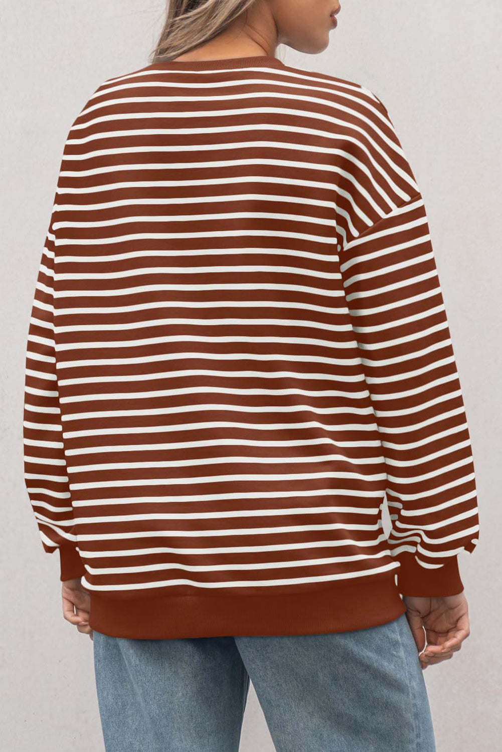 Coffee Striped Long Sleeve Round Neck Loose Top Long Sleeve Tops JT's Designer Fashion