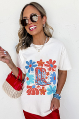 White Floral Cowgirl Boots Print Independence Day T Shirt Graphic Tees JT's Designer Fashion
