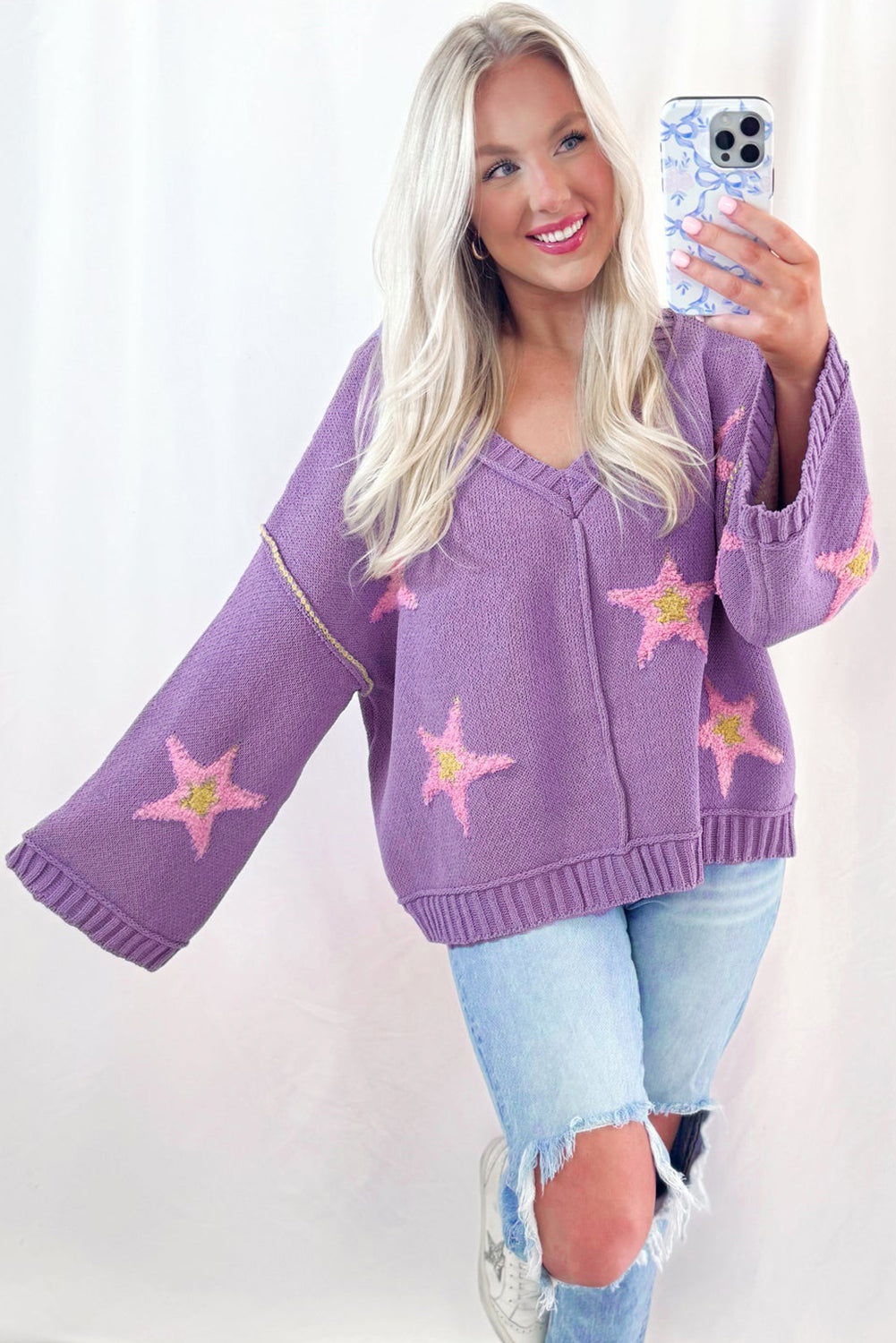 Lavendula Brushed Star Graphic V Neck Drop Shoulder Oversize Sweater Sweaters JT's Designer Fashion