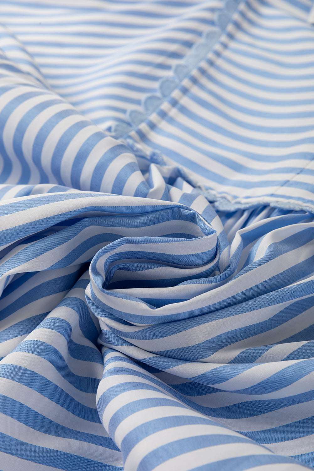 Sky Blue Stripe Shirt Collar V Neck Ricrac Trim 3/4 Puff Sleeve Blouse Blouses & Shirts JT's Designer Fashion