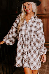 White Plaid Bubble Sleeve Flowy Shirt Dress Mini Dresses JT's Designer Fashion