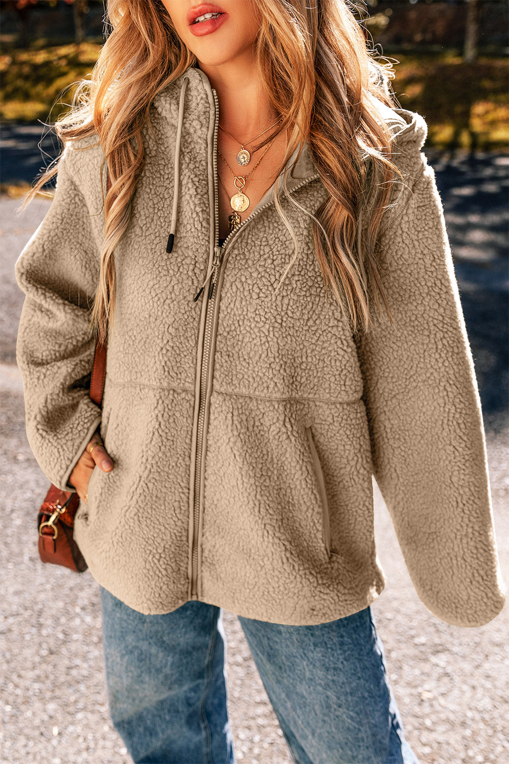 Pale Khaki Fleece Zip Up Drawstring Hooded Pocketed Jacket Jackets JT's Designer Fashion