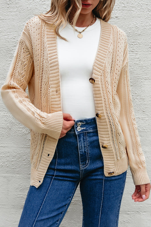 Beige Open Knit Drop Shoulder Sweater Cardigan Beige 60%Cotton+40%Acrylic Cardigans JT's Designer Fashion