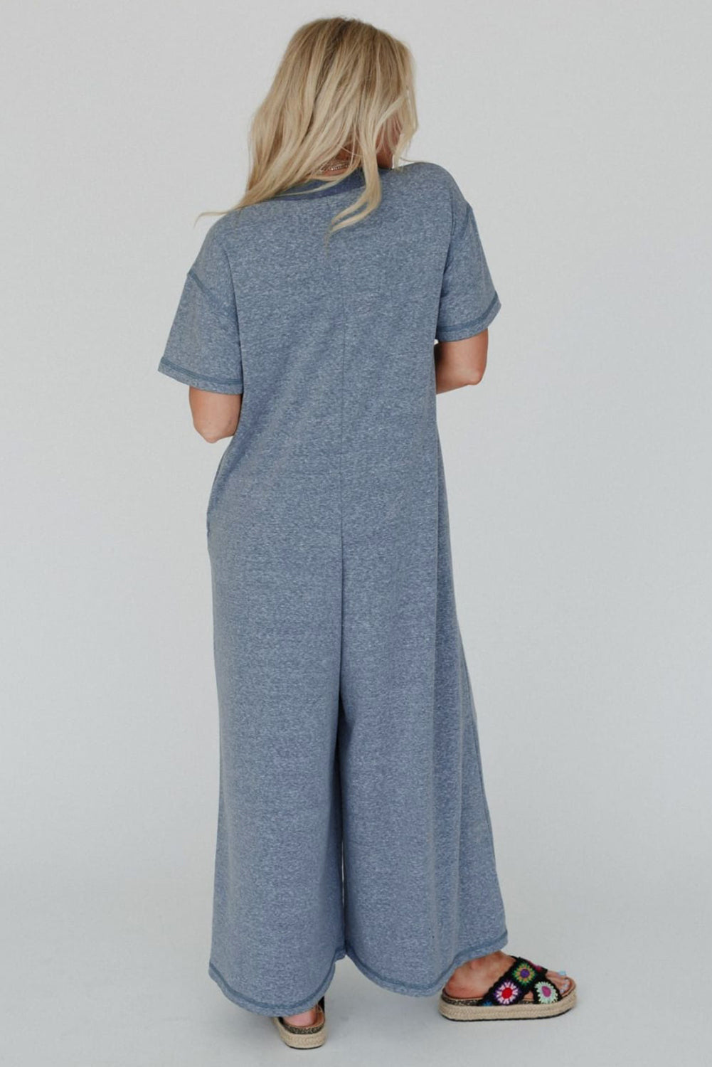 Beau Blue Half Placket Chest Pockets Short Sleeve Wide Leg Jumpsuit Jumpsuits & Rompers JT's Designer Fashion