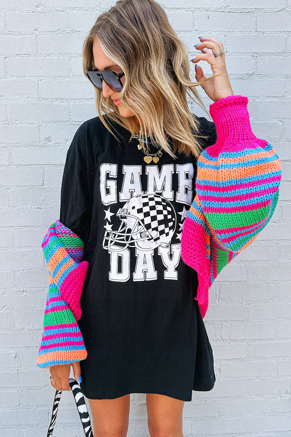 Black GAME DAY Checkerboard Rugby Football Helmet T Shirt Graphic Tees JT's Designer Fashion