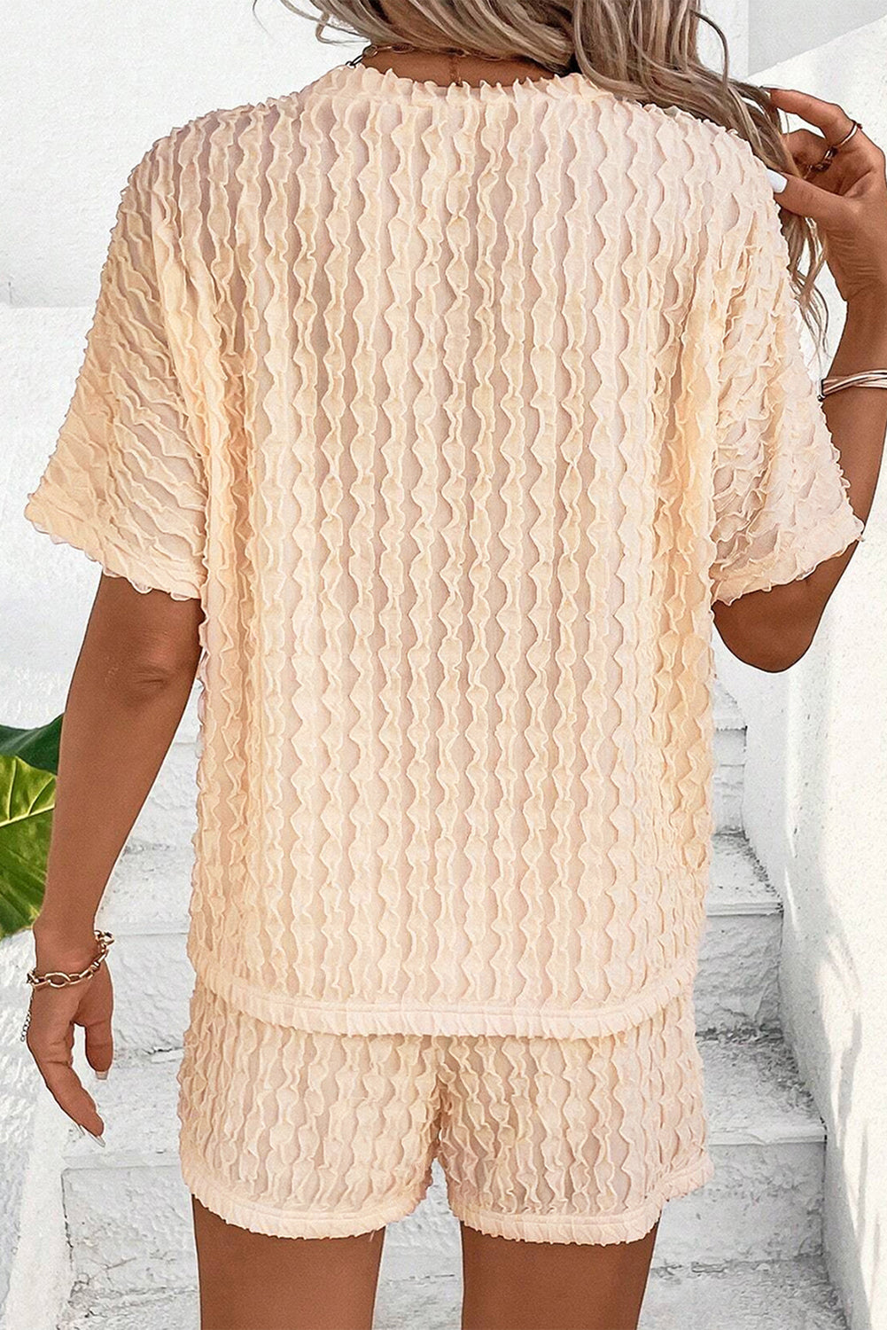 Beige Frill Textured Short Sleeve Top and Drawstring Shorts Set Short Sets JT's Designer Fashion