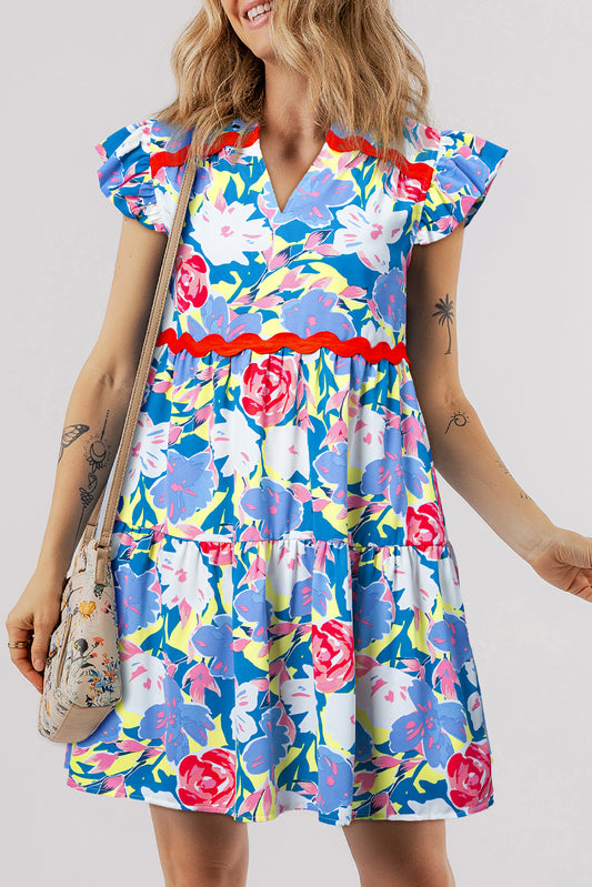 Sky Blue Floral Printed V Notched Ric Rac Flutter Sleeve Dress Sky Blue 100%Polyester Floral Dresses JT's Designer Fashion