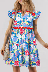 Sky Blue Floral Printed V Notched Ric Rac Flutter Sleeve Dress Sky Blue 100%Polyester Floral Dresses JT's Designer Fashion