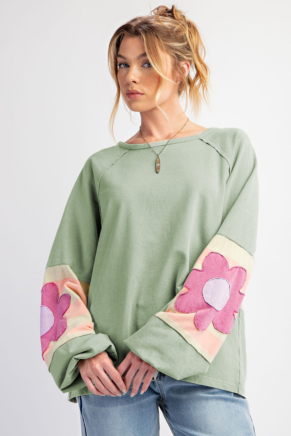 Smoke Green Flower Patchwork Raglan Sleeve Exposed Seam Oversized Top Long Sleeve Tops JT's Designer Fashion