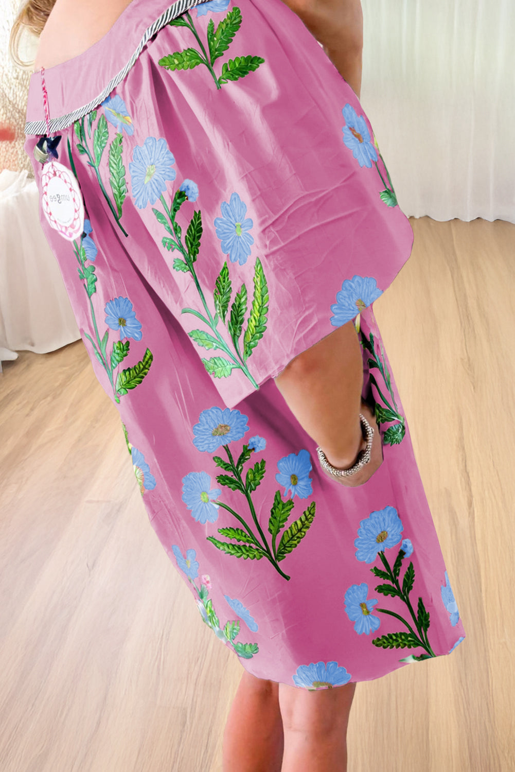 Rose Floral Short Sleeve Split Neck Loose Mini Dress Floral Dresses JT's Designer Fashion