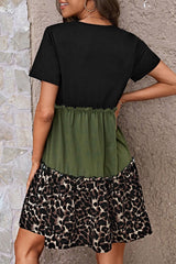 Jungle Green Leopard Print Colorblock Frill Trim T-shirt Dress T Shirt Dresses JT's Designer Fashion