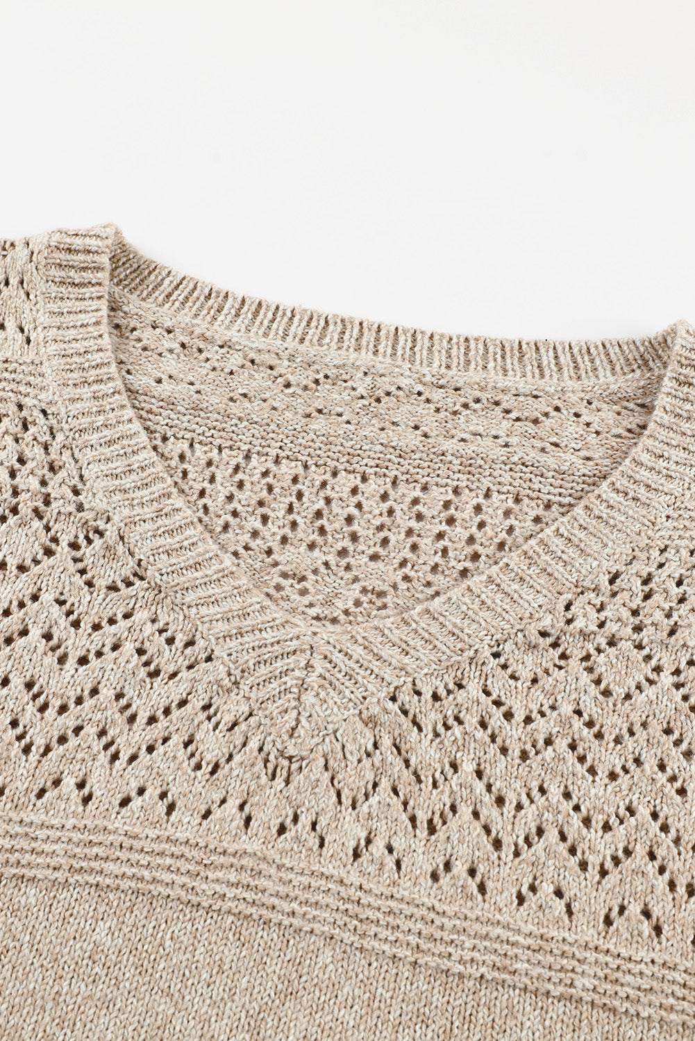 Brown Eyelet Pattern Detail V Neck Drop Shoulder Sweater Sweaters JT's Designer Fashion