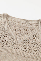 Brown Eyelet Pattern Detail V Neck Drop Shoulder Sweater Sweaters JT's Designer Fashion