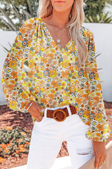 Yellow Floral Print V Neck Long Puff Sleeve Top Yellow 100%Polyester Blouses & Shirts JT's Designer Fashion