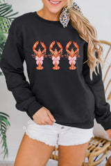 Black Cute Bow Crawfish Printed Drop Shoulder Sweatshirt Graphic Sweatshirts JT's Designer Fashion