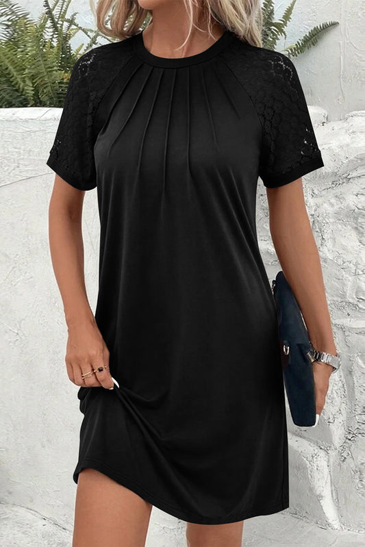 Black Contrast Lace Raglan Sleeve Pleated Detail Shift Dress Black 65%Polyester+30%Viscose+5%Elastane T Shirt Dresses JT's Designer Fashion