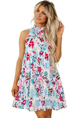 White Frill Mock Neck Sleeveless Tiered Floral Dress Floral Dresses JT's Designer Fashion