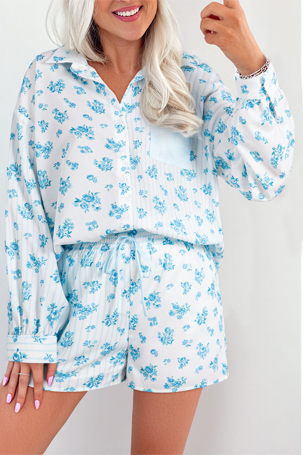 Sky Blue Floral Striped Print Contrast Patched Pocket Shirt and Shorts Set Short Sets JT's Designer Fashion