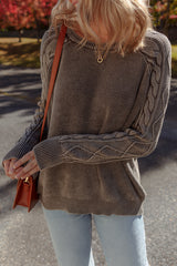 Dark Brown Contrast Cable Knit Sleeve Casual Sweater Sweaters JT's Designer Fashion