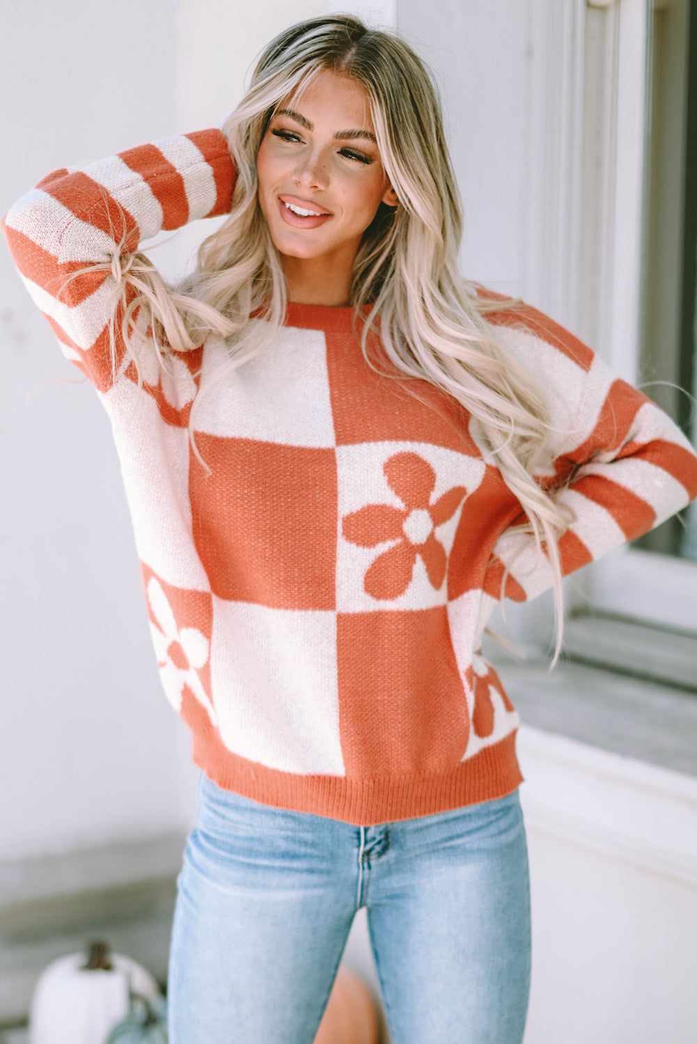 Brown Checkered Floral Print Striped Sleeve Sweater Brown 100%Polyester Sweaters JT's Designer Fashion