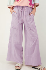 Pink Mineral Wash Exposed Seam Drawstring High Waist Wide Leg Cargo Pants Pink 100%Cotton Casual Shorts JT's Designer Fashion
