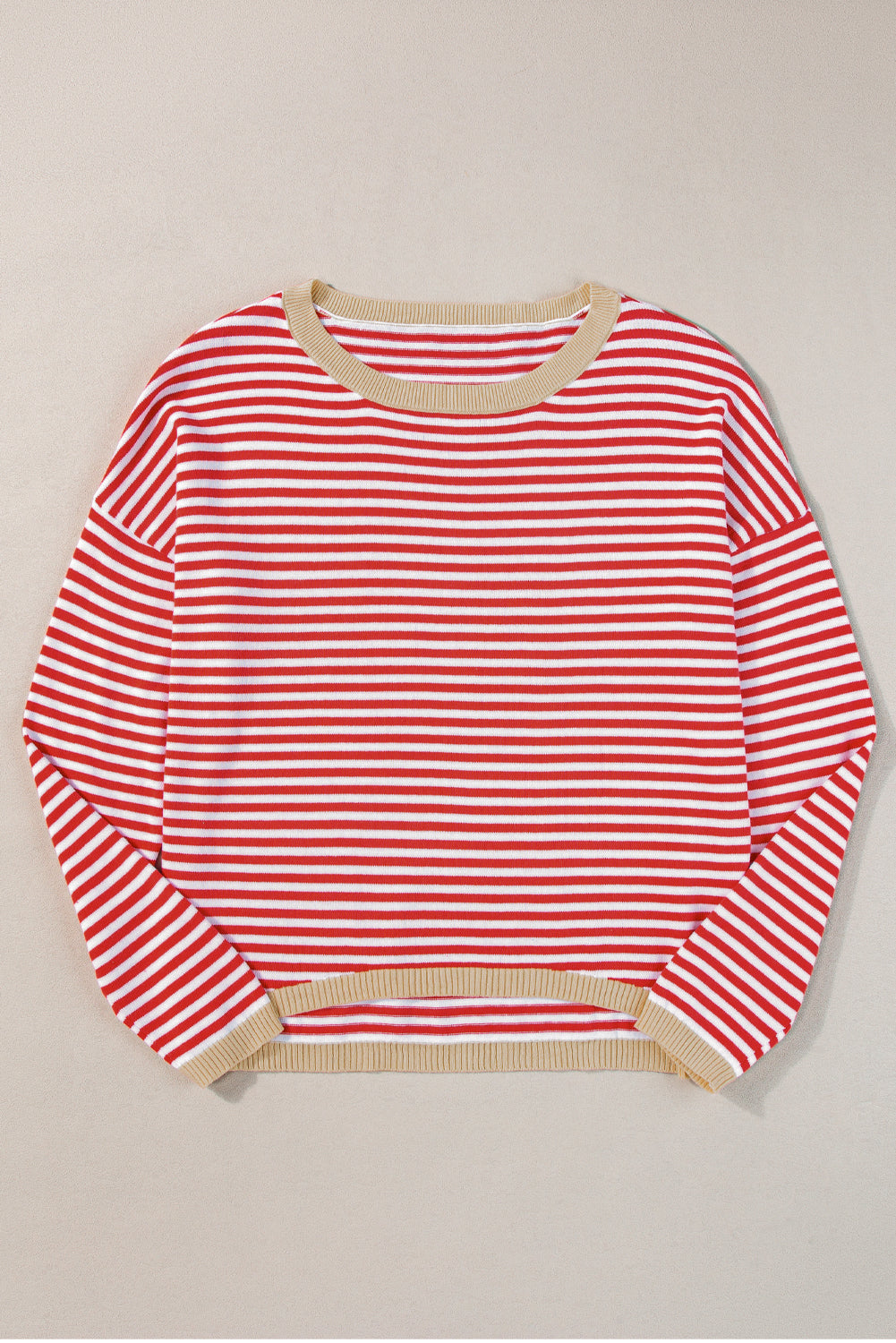 Fiery Red Contrast Trimmed Striped Drop Shoulder Sweater Sweaters JT's Designer Fashion
