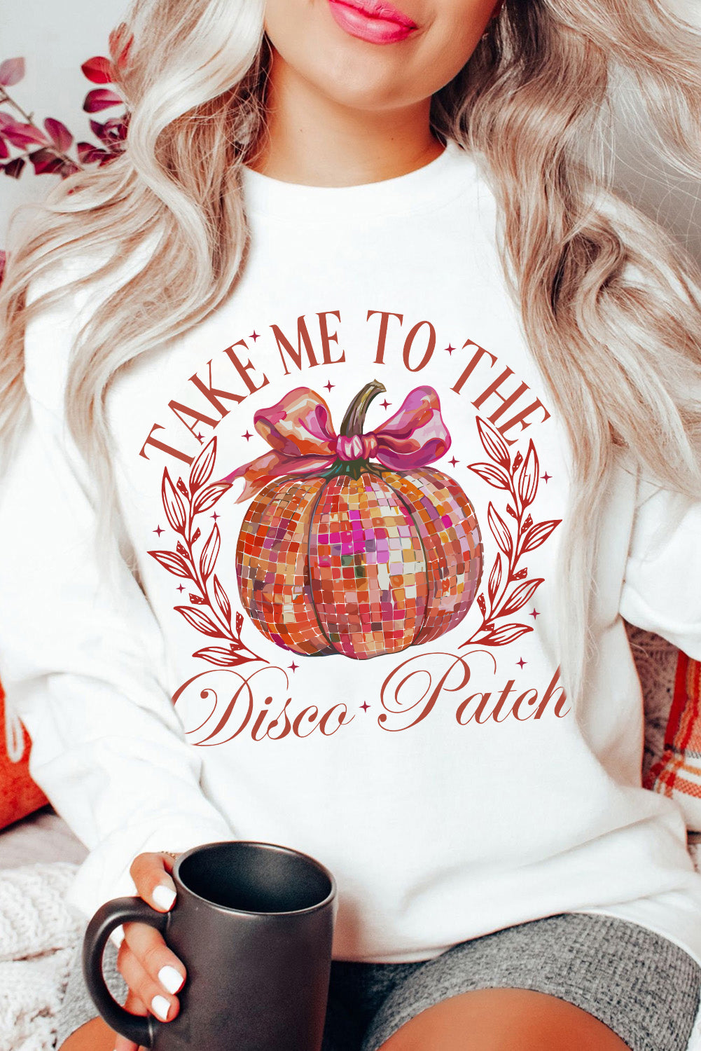 Beige Halloween Disco Ball Pumpkin Print Pullover Sweatshirt Graphic Sweatshirts JT's Designer Fashion