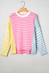 Multicolour Color Block Striped Patchwork Dolman Sleeve Slit Sweater Sweaters JT's Designer Fashion
