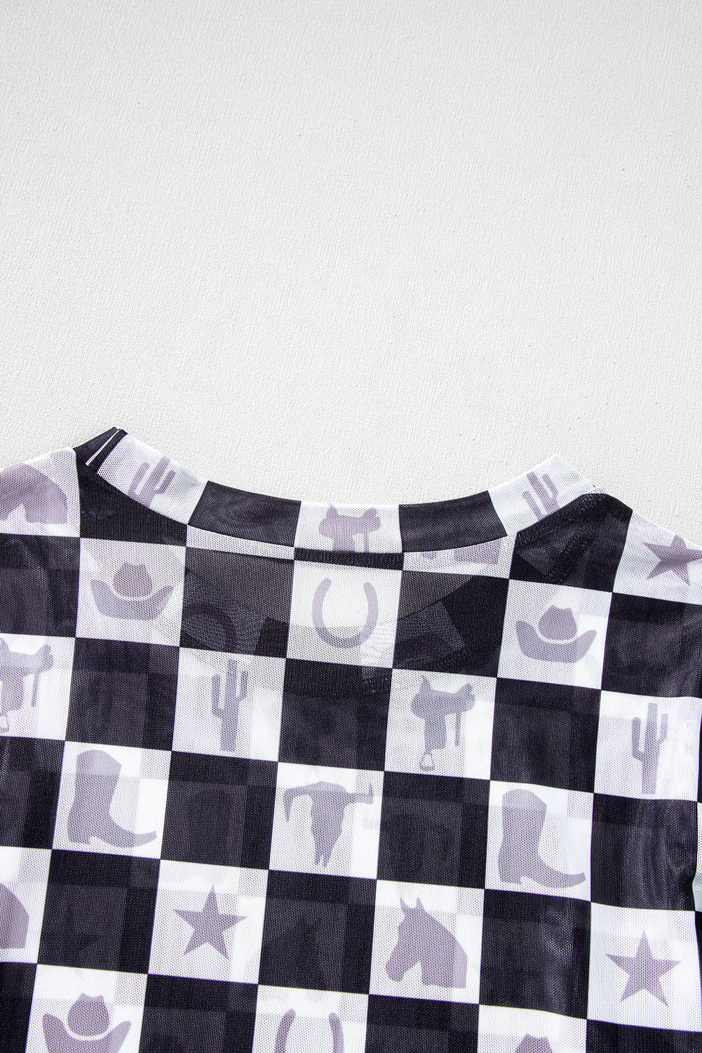 Black Checkerboard Western Elements Printed Mesh Long Sleeve Top Long Sleeve Tops JT's Designer Fashion