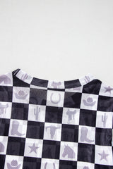 Black Checkerboard Western Elements Printed Mesh Long Sleeve Top Long Sleeve Tops JT's Designer Fashion