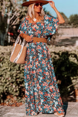 Sky Blue Floral Knotted Back Square Neck Maxi Dress Floral Dresses JT's Designer Fashion