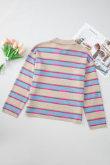 Apricot Stripe Collared V Neck Drop Shoulder Loose Sweater Sweaters JT's Designer Fashion