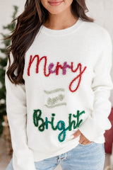 White Tinsel Merry and Bright Graphic Christmas Sweater Sweaters JT's Designer Fashion