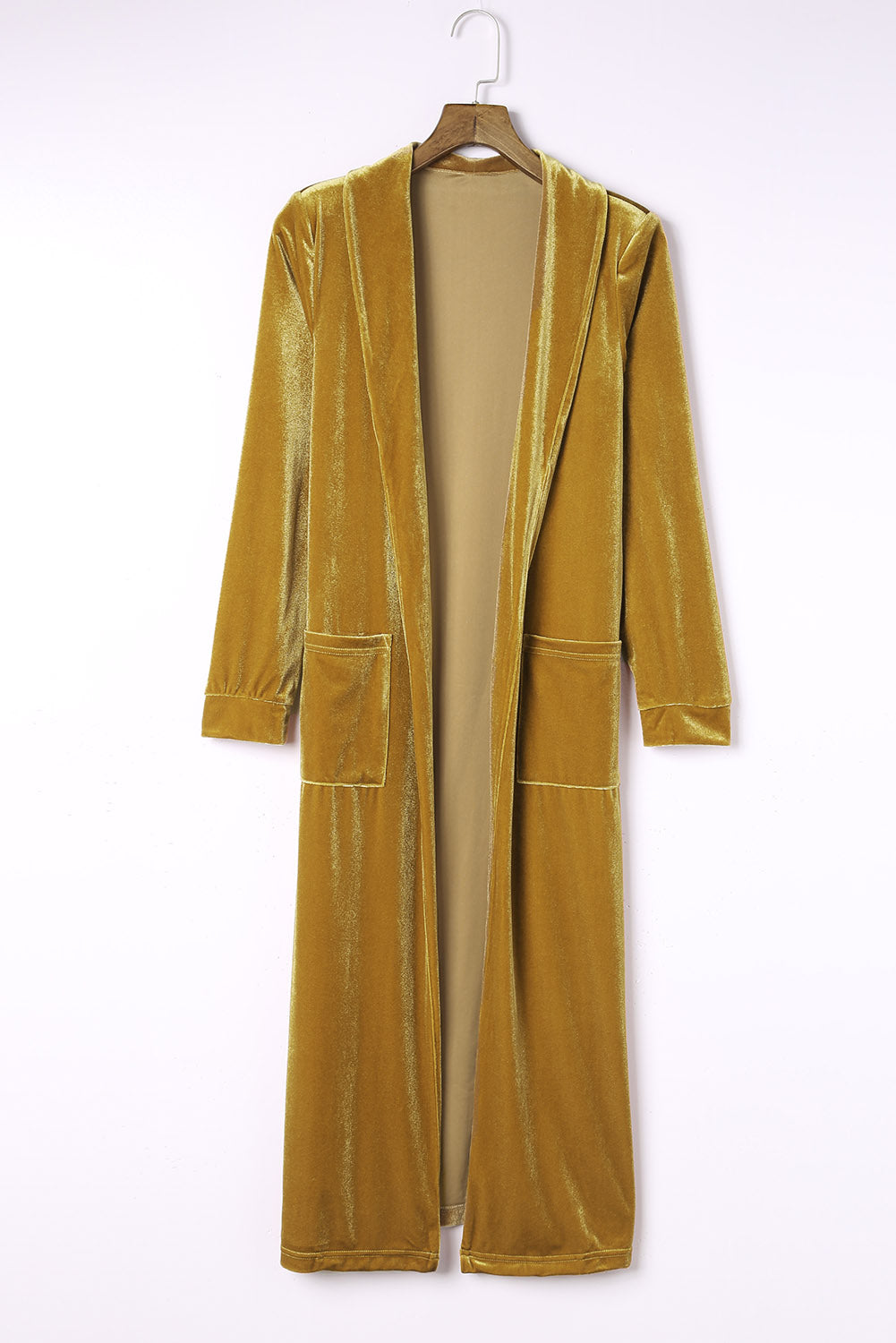Yellow Velvet Open Front Pocketed Long Duster Sweaters & Cardigans JT's Designer Fashion
