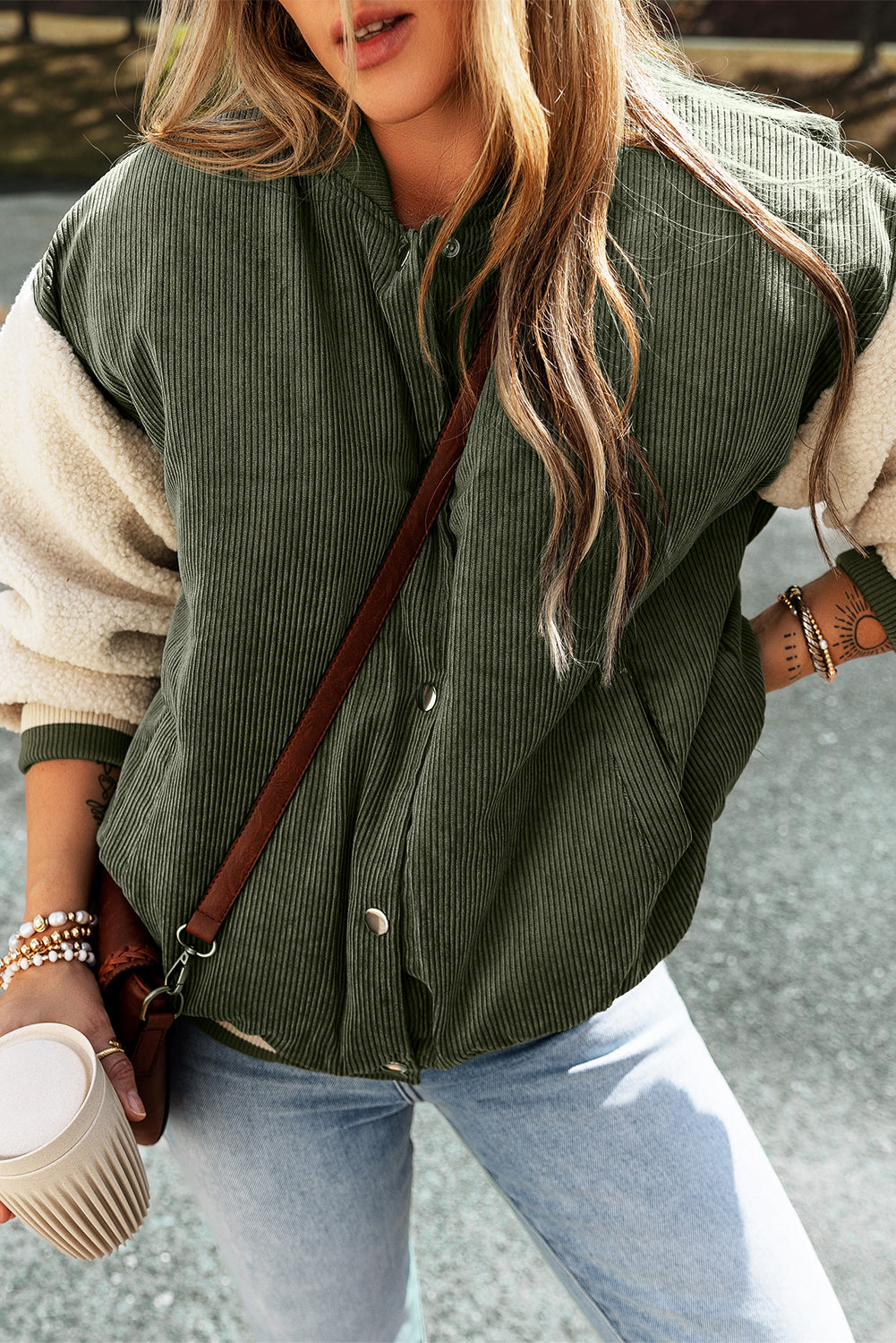 Mist Green Corduroy Fleece Patchwork Buttoned Bomber Jacket Jackets JT's Designer Fashion