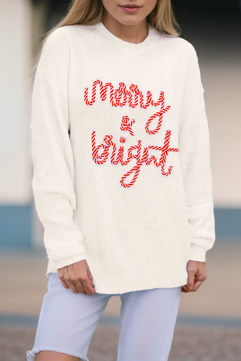 White Striped Merry Bright Letter Christmas Sweater White 55%Acrylic+45%Cotton Sweaters JT's Designer Fashion