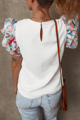 White Abstract Print Tiered Ruffled Sleeve Textured Knit Top Blouses & Shirts JT's Designer Fashion