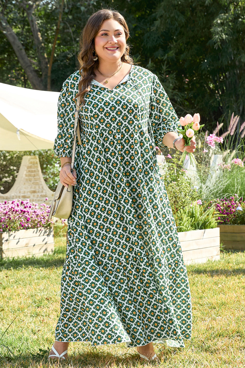 Green Geometric Floral Print Half Sleeve Plus Size Maxi Dress Plus Size Maxi Dresses JT's Designer Fashion