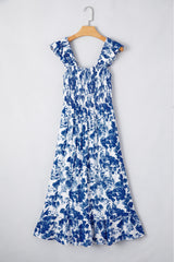 Blue Floral Ruffle Strap Square Neck Smocked Bodice Midi Dress Floral Dresses JT's Designer Fashion