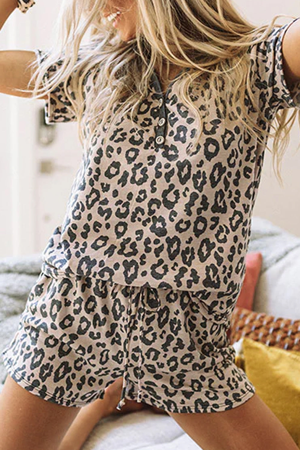 Multicolour Leopard Button V Neck Tee and Drawstring Shorts Set Short Sets JT's Designer Fashion