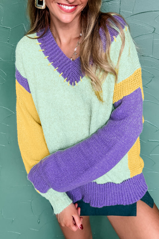 Green Stitched V Neck Color Block Knitted Drop Shoulder Sweater Green 65%Acrylic+35%Polyamide Sweaters JT's Designer Fashion