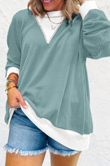 Light Blue Corded Colorblock Drop Shoulder Loose Top Long Sleeve Tops JT's Designer Fashion