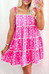 Pink Floral Print Ric Rac Patched Sleeveless Mini Dress Floral Dresses JT's Designer Fashion