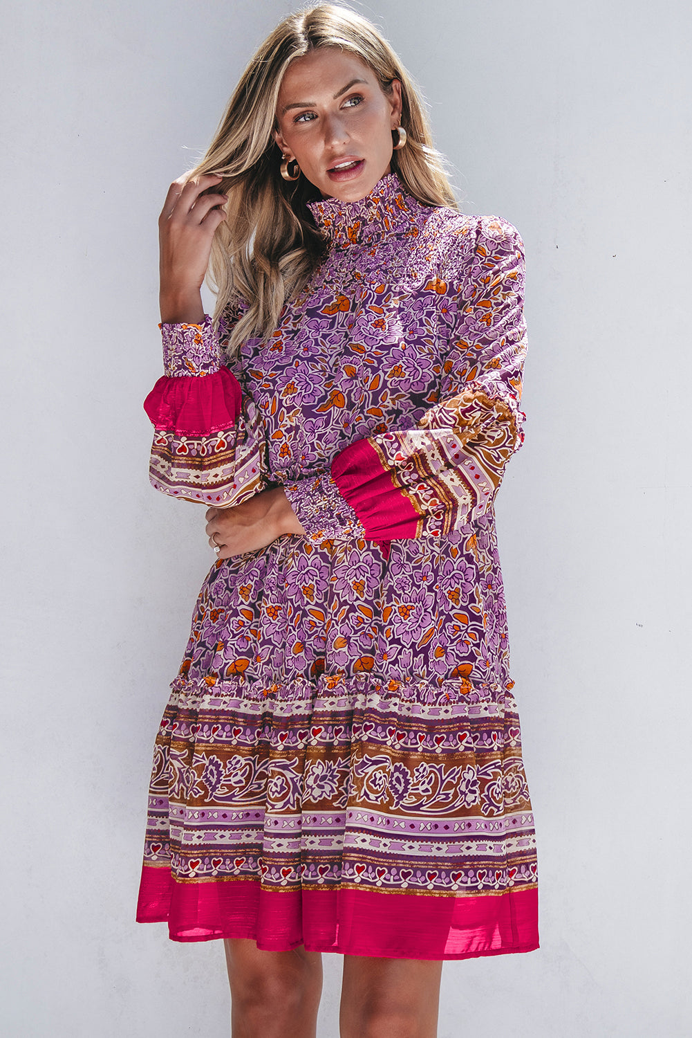 Purple Floral Smocked Puff Sleeve High Neck Mini Dress Floral Dresses JT's Designer Fashion