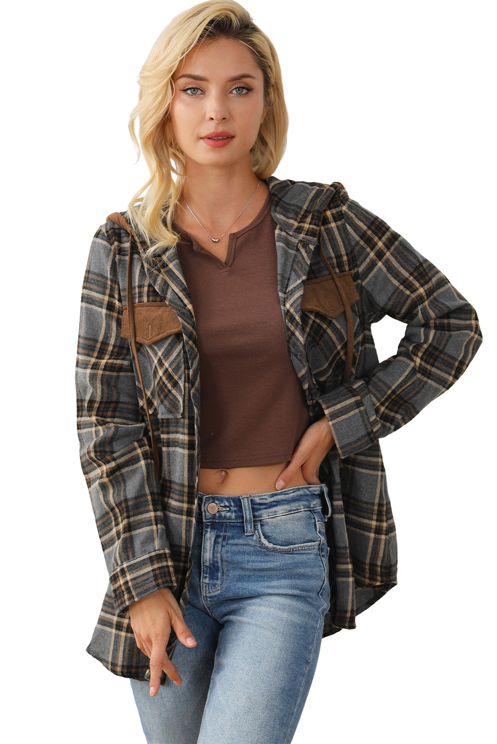 Contrast Hooded Drawstring Plaid Shacket Plaid Shackets JT's Designer Fashion