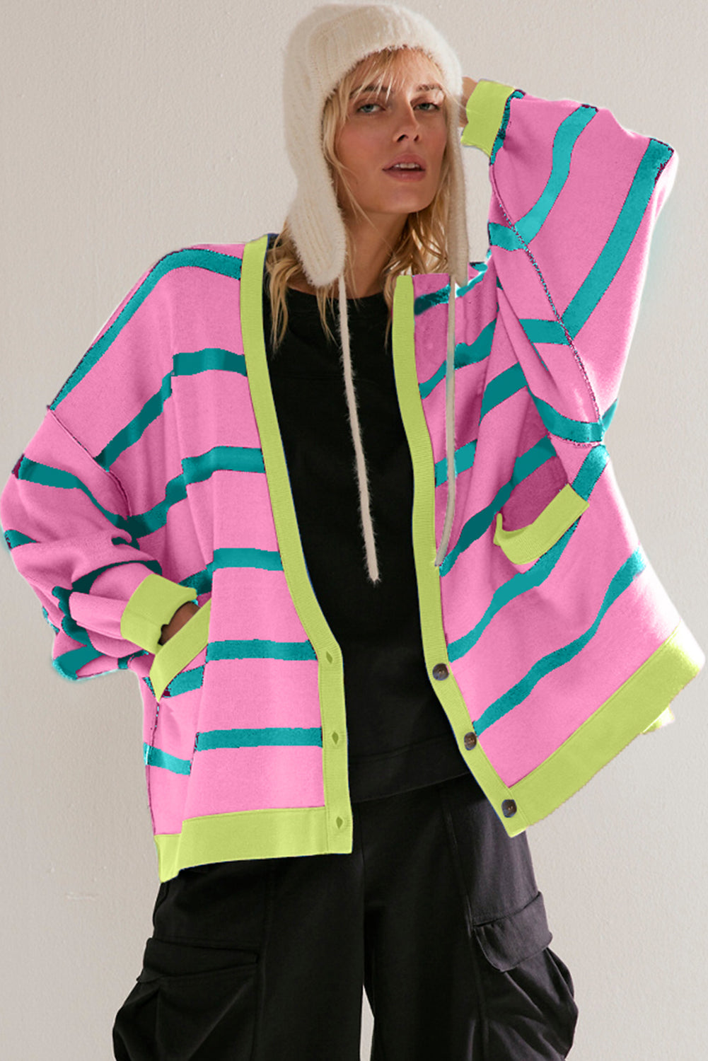 Pink Stripe Colorblock Drop Shoulder Buttoned Loose Cardigan Cardigans JT's Designer Fashion