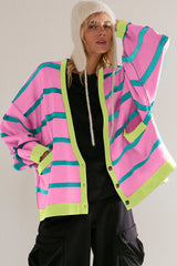 Pink Stripe Colorblock Drop Shoulder Buttoned Loose Cardigan Cardigans JT's Designer Fashion