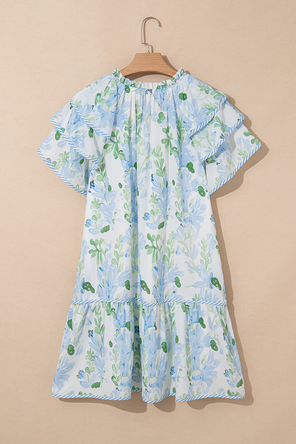 Sky Blue Floral Contrast Edge Layered Short Sleeve Mini Dress Floral Dresses JT's Designer Fashion